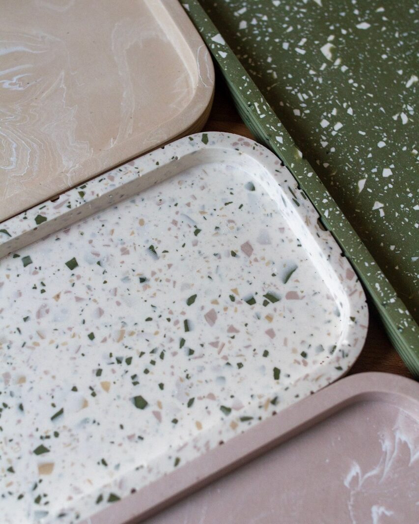 Jesmonite terrazzo trays in green, white & beige