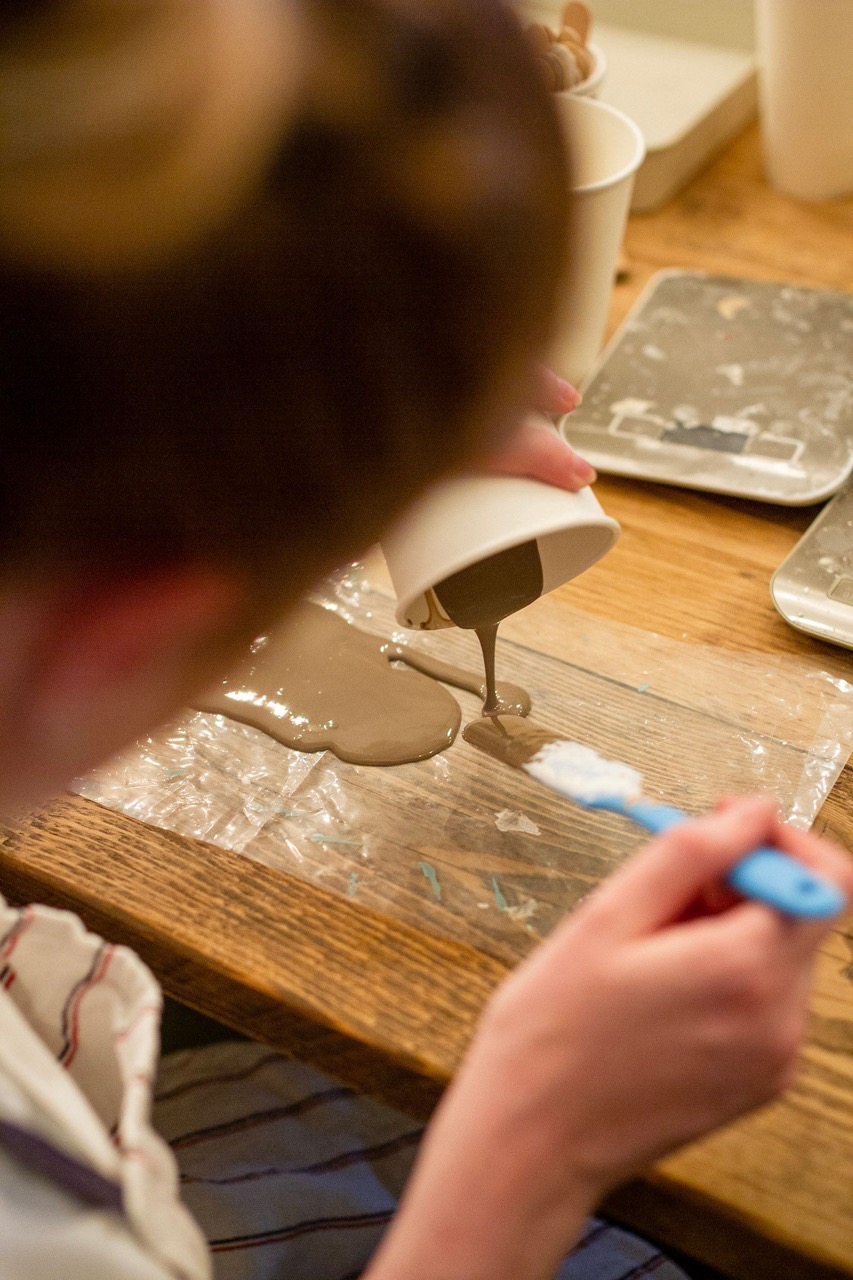 Pouring Jesmonite to make terrazzo