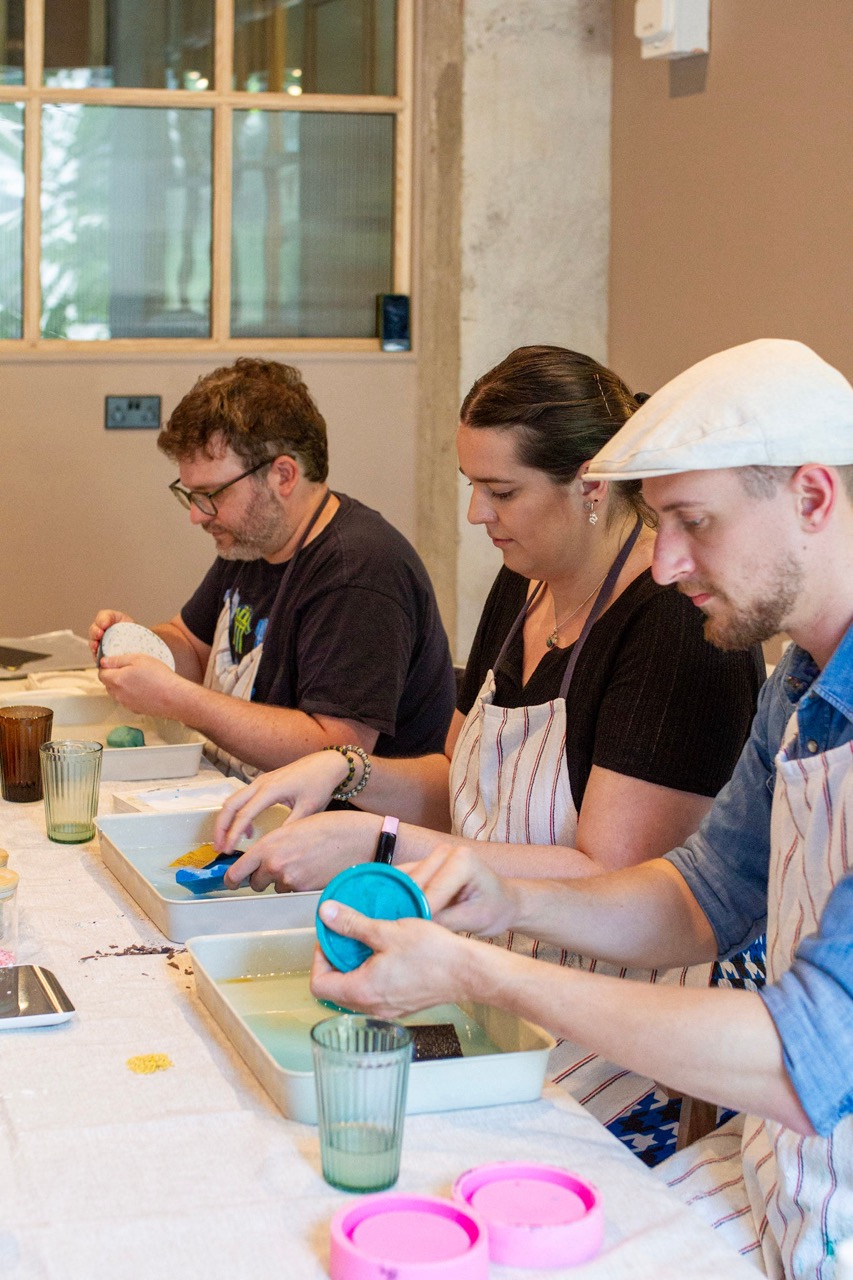 Three participants at a jesmonite craft workshop